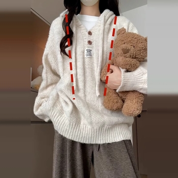 Pletena majica za dojenje s kapuljačom - slobodan kroj, vunena pletenina 50-70%, proljeće-jesen-zima, japansko-korejski ležerni stil