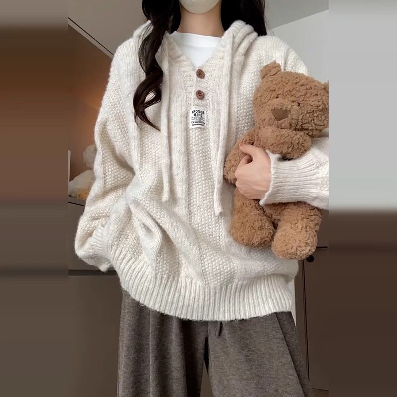 Pletena majica za dojenje s kapuljačom - slobodan kroj, vunena pletenina 50-70%, proljeće-jesen-zima, japansko-korejski ležerni stil