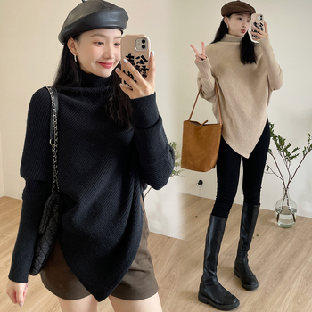 Trudnički pleteni top, udoban kroj, visok ovratnik, dugi rukavi, jednobojna boja, smjesa akrilnog vlakna s spandexom i poliestrom (do 30% svake tvari)