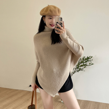 Trudnički pleteni top, udoban kroj, visok ovratnik, dugi rukavi, jednobojna boja, smjesa akrilnog vlakna s spandexom i poliestrom (do 30% svake tvari)