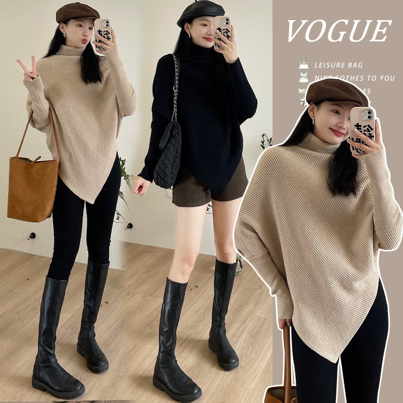 Trudnički pleteni top, udoban kroj, visok ovratnik, dugi rukavi, jednobojna boja, smjesa akrilnog vlakna s spandexom i poliestrom (do 30% svake tvari)