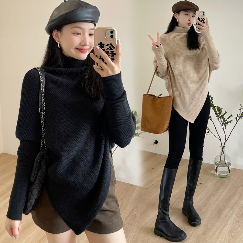 Trudnički pleteni top, udoban kroj, visok ovratnik, dugi rukavi, jednobojna boja, smjesa akrilnog vlakna s spandexom i poliestrom (do 30% svake tvari)