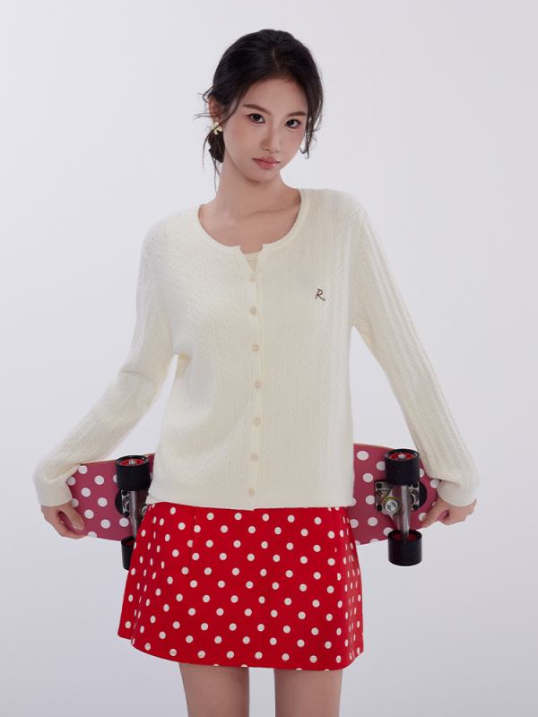 Pleteni kardigan s ukrasnim vezom, okrugli izrez, dugi rukavi, udoban kroj — ženski casual pleteni džemper