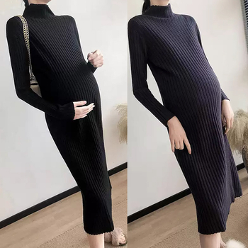 Trudničke pletene haljine s visokim ovratnikom, dugi rukavi, jednobojna, silueta sirena, 90% pamuk.