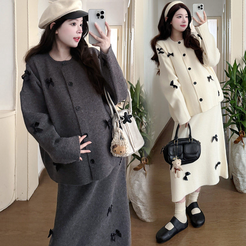Trudnički pleteni set: opuštena haljina-sviter s mašnicom, jesen-zima, korejski stil