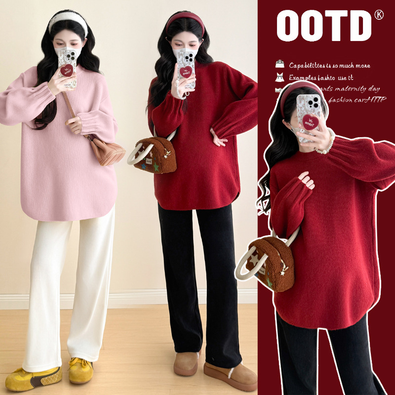 Trudnički pleteni džemper, kapuljača u korejskom stilu, ležeran kroj, dugi rukav, zima, poliester više od 95%
