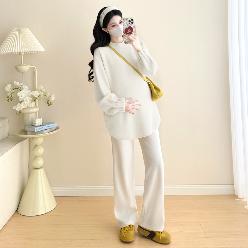 Trudnički pleteni džemper, kapuljača u korejskom stilu, ležeran kroj, dugi rukav, zima, poliester više od 95%