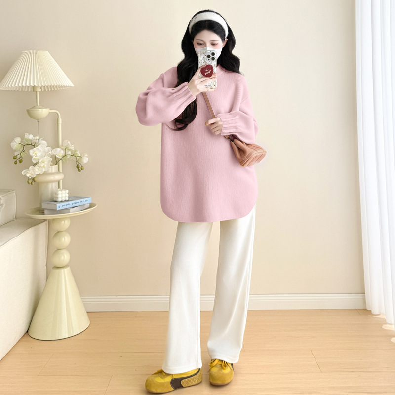 Trudnički pleteni džemper, kapuljača u korejskom stilu, ležeran kroj, dugi rukav, zima, poliester više od 95%