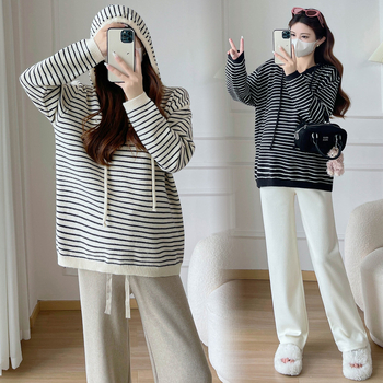 Trudnički kapuljačni pleteni top s prugastim uzorkom, udoban kroj, 3/4 rukavi, dugačak model