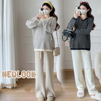 Trudnički kapuljačni pleteni top s prugastim uzorkom, udoban kroj, 3/4 rukavi, dugačak model