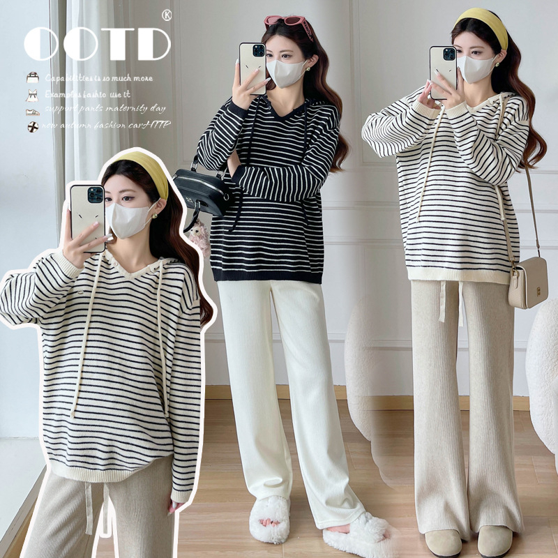 Trudnički kapuljačni pleteni top s prugastim uzorkom, udoban kroj, 3/4 rukavi, dugačak model