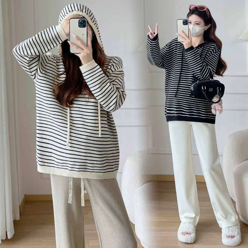 Trudnički kapuljačni pleteni top s prugastim uzorkom, udoban kroj, 3/4 rukavi, dugačak model