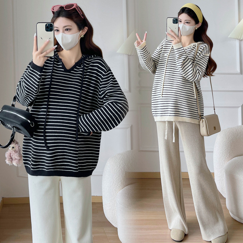 Trudnički kapuljačni pleteni top s prugastim uzorkom, udoban kroj, 3/4 rukavi, dugačak model