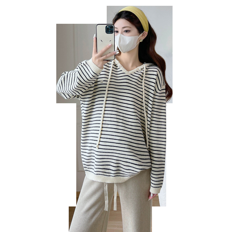 Trudnički kapuljačni pleteni top s prugastim uzorkom, udoban kroj, 3/4 rukavi, dugačak model