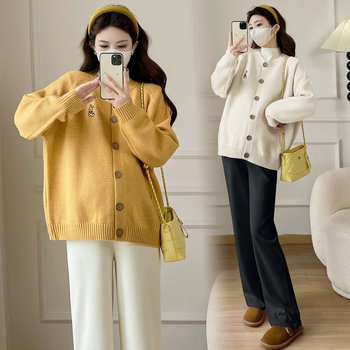 Set za trudnoću: kardigan i hlače, jednobojni kašmirski miks ≤30%, labav kroj, dugi rukavi, okrugli ovratnik, korejski street style, jesen-zima 2025