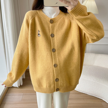 Set za trudnoću: kardigan i hlače, jednobojni kašmirski miks ≤30%, labav kroj, dugi rukavi, okrugli ovratnik, korejski street style, jesen-zima 2025