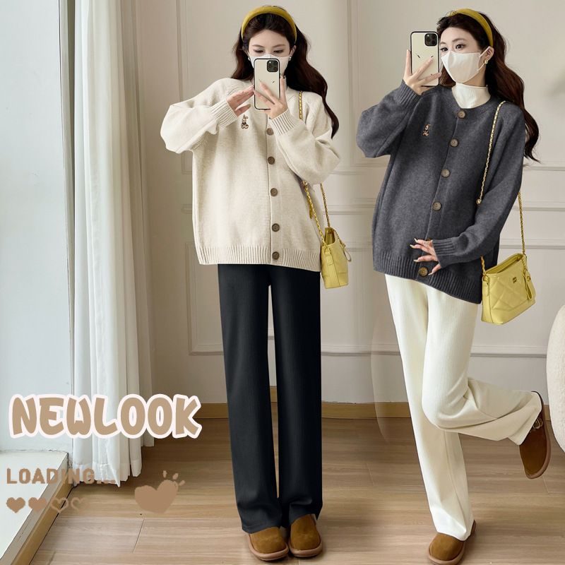 Set za trudnoću: kardigan i hlače, jednobojni kašmirski miks ≤30%, labav kroj, dugi rukavi, okrugli ovratnik, korejski street style, jesen-zima 2025