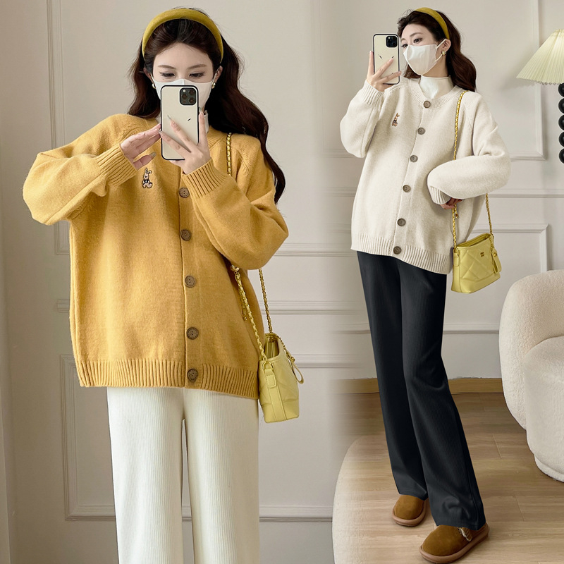 Set za trudnoću: kardigan i hlače, jednobojni kašmirski miks ≤30%, labav kroj, dugi rukavi, okrugli ovratnik, korejski street style, jesen-zima 2025