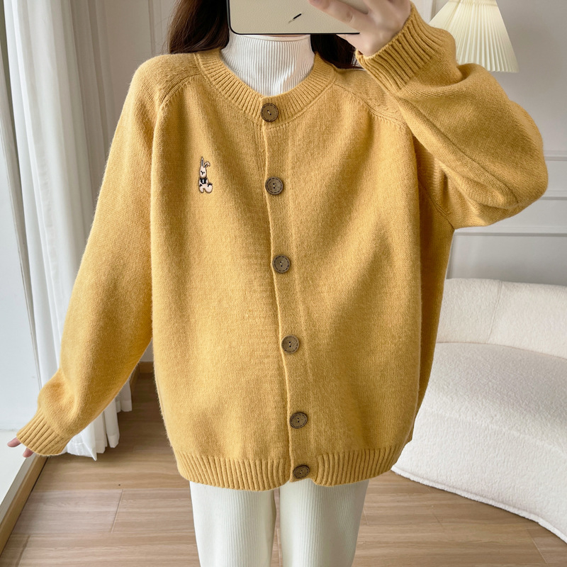 Set za trudnoću: kardigan i hlače, jednobojni kašmirski miks ≤30%, labav kroj, dugi rukavi, okrugli ovratnik, korejski street style, jesen-zima 2025