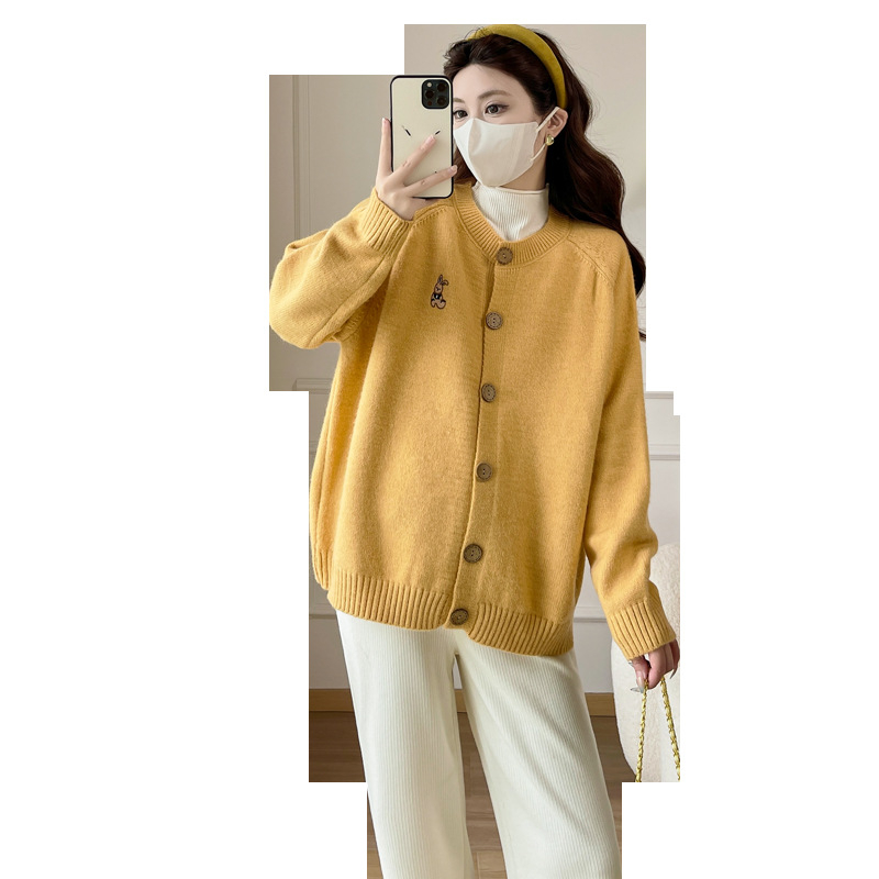 Set za trudnoću: kardigan i hlače, jednobojni kašmirski miks ≤30%, labav kroj, dugi rukavi, okrugli ovratnik, korejski street style, jesen-zima 2025