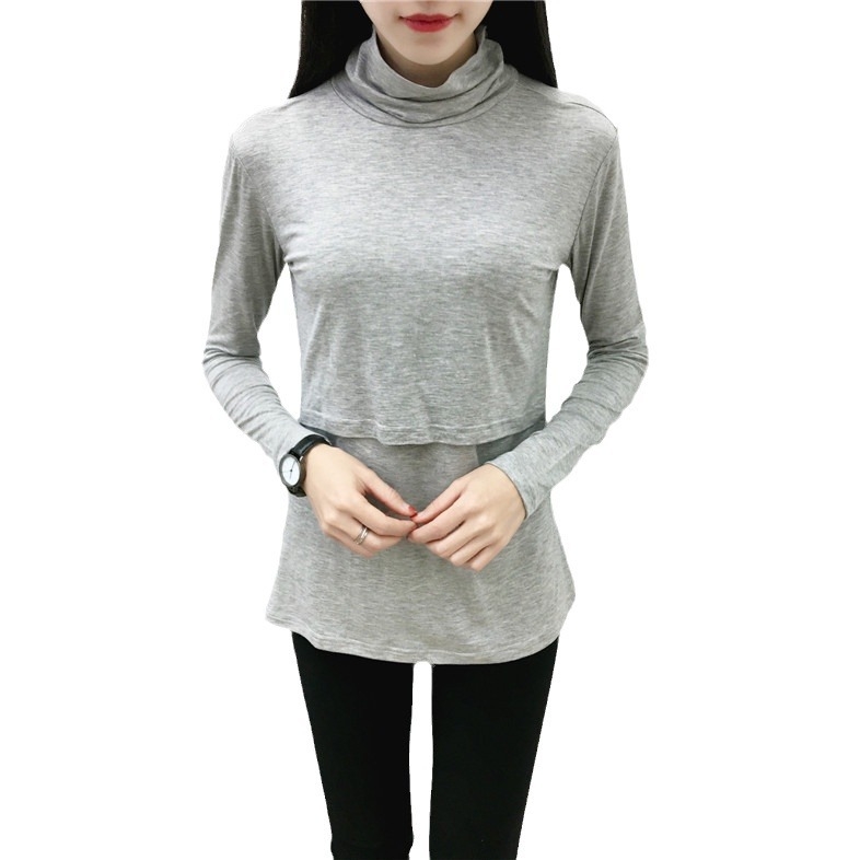 Postpartumna majica za dojenje s visokim ovratnikom, modalna smjesa (90–95% modal, 2% elastan), dugi rukavi, preko glave, otvor za dojenje