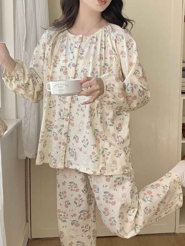 Trudničke pidžame i kućna odjeća za dojenje – pamuk preko 95% – udoban, dvodjelni komplet – dugi rukavi, okrugli izrez – cvjetni uzorak – proljeće i jesen