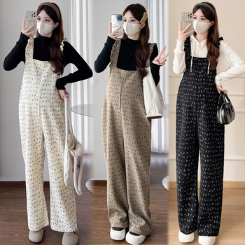 Tehotenský dvojdielny kostým s nohavicami s ramienkami a kvetinovým vzorom, fleece podšívka, dlhé rukávy, jeseň 2024