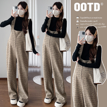 Tehotenský dvojdielny kostým s nohavicami s ramienkami a kvetinovým vzorom, fleece podšívka, dlhé rukávy, jeseň 2024