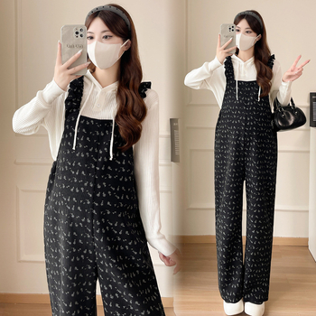 Tehotenský dvojdielny kostým s nohavicami s ramienkami a kvetinovým vzorom, fleece podšívka, dlhé rukávy, jeseň 2024