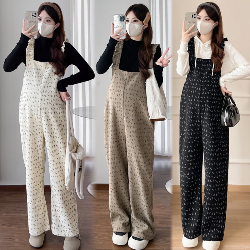 Tehotenský dvojdielny kostým s nohavicami s ramienkami a kvetinovým vzorom, fleece podšívka, dlhé rukávy, jeseň 2024