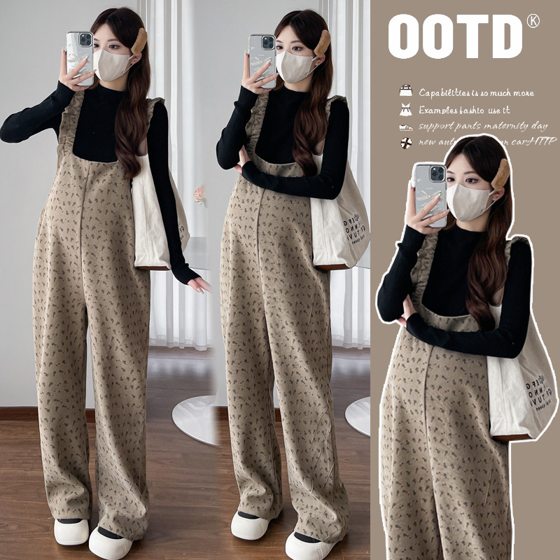 Tehotenský dvojdielny kostým s nohavicami s ramienkami a kvetinovým vzorom, fleece podšívka, dlhé rukávy, jeseň 2024