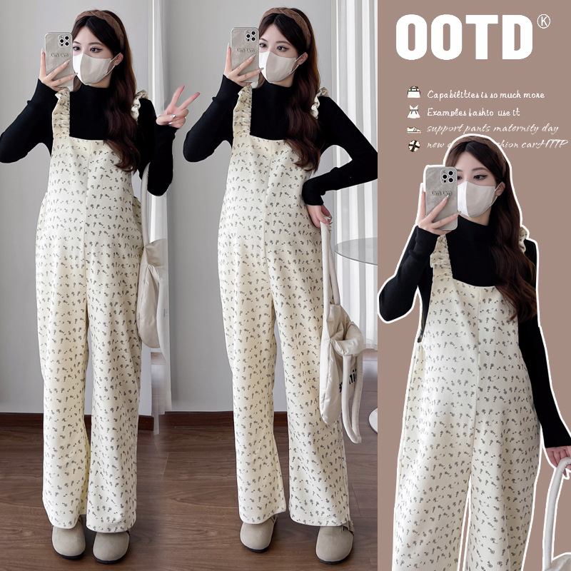 Tehotenský dvojdielny kostým s nohavicami s ramienkami a kvetinovým vzorom, fleece podšívka, dlhé rukávy, jeseň 2024