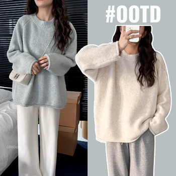 Korejski stil vuneni pleteni pulover s labavim krojem, okrugli ovratnik, spuštena ramena, za jesen-zimu