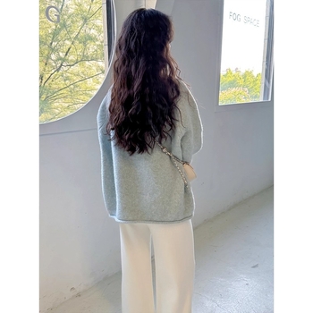 Korejski stil vuneni pleteni pulover s labavim krojem, okrugli ovratnik, spuštena ramena, za jesen-zimu