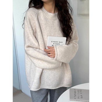 Korejski stil vuneni pleteni pulover s labavim krojem, okrugli ovratnik, spuštena ramena, za jesen-zimu