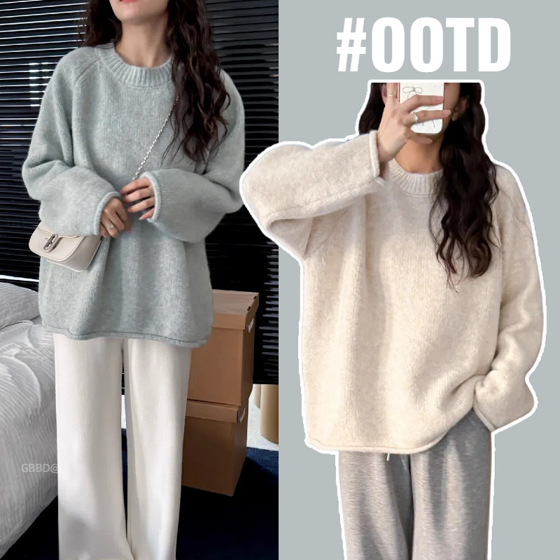 Korejski stil vuneni pleteni pulover s labavim krojem, okrugli ovratnik, spuštena ramena, za jesen-zimu