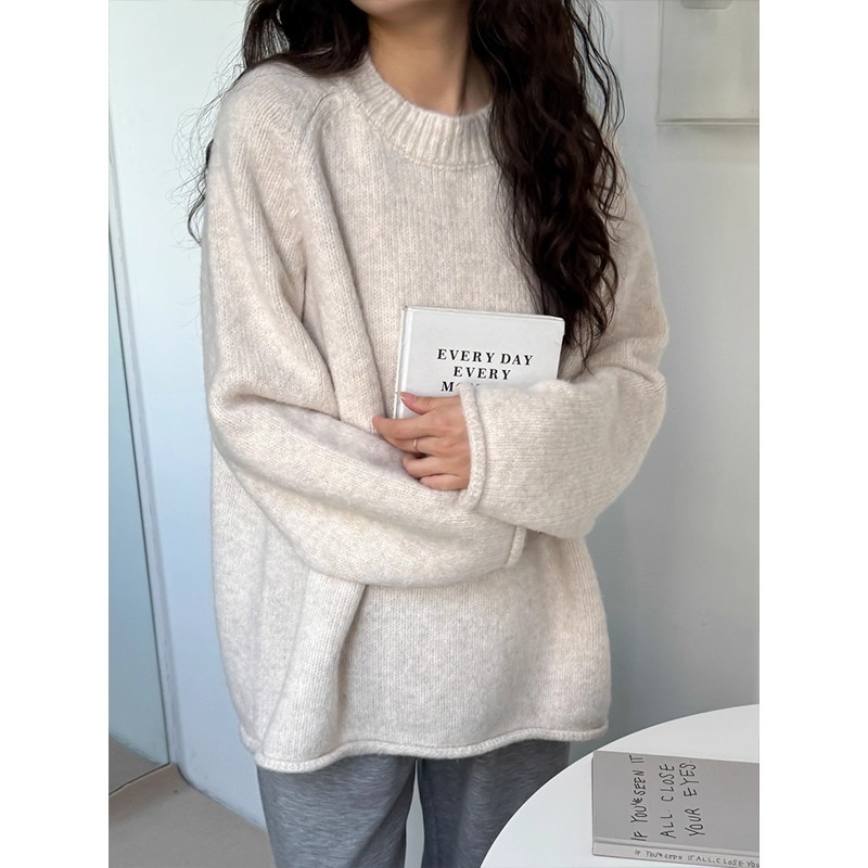 Korejski stil vuneni pleteni pulover s labavim krojem, okrugli ovratnik, spuštena ramena, za jesen-zimu