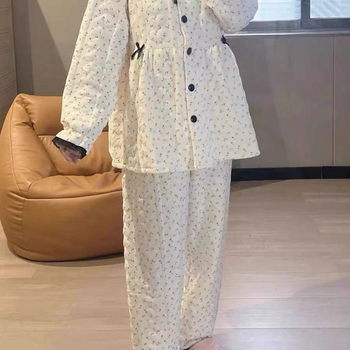 Pijama set za majčinstvo i dojenje – jesen-zima, mali cvjetni uzorak, dugi rukavi, polo ovratnik, TR tkanina