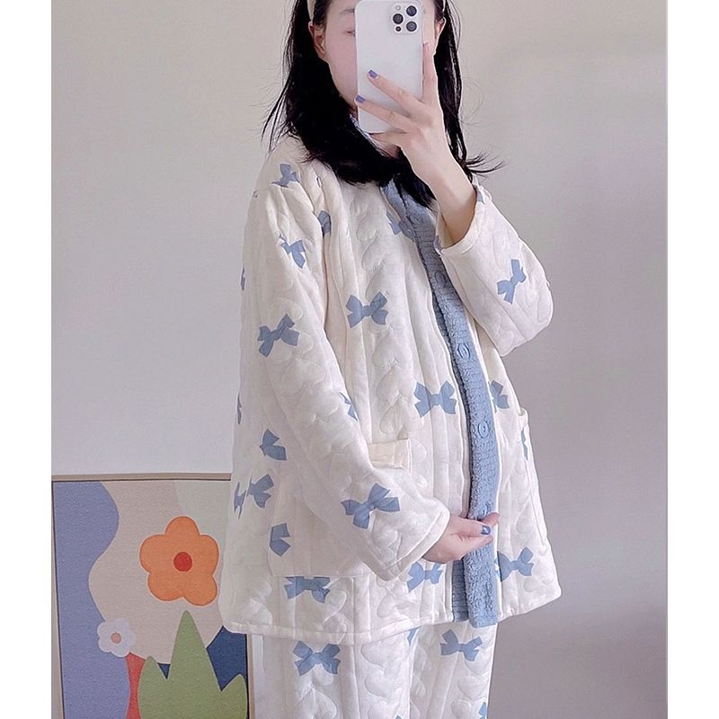 Jesensko-zimski set za trudnice i dojenje, mali cvjetni uzorak, prozračni pamuk materijal, dugi rukavi, polo ovratnik, za dojenje