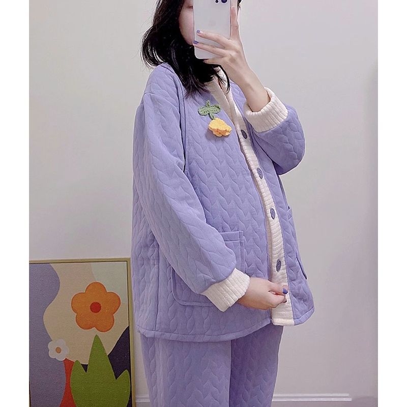 Jesensko-zimski set za trudnice i dojenje, mali cvjetni uzorak, prozračni pamuk materijal, dugi rukavi, polo ovratnik, za dojenje