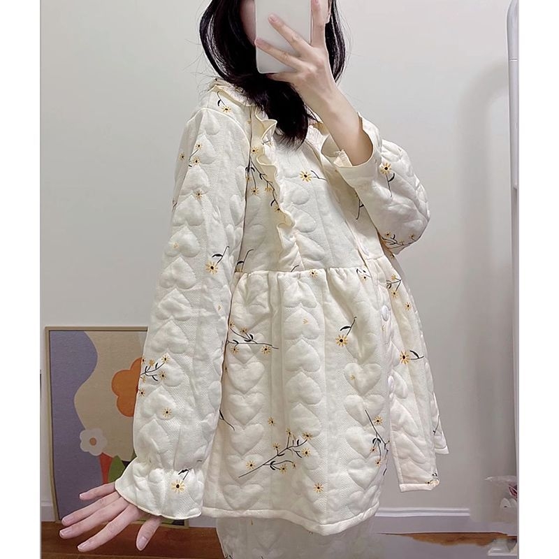 Jesensko-zimski set za trudnice i dojenje, mali cvjetni uzorak, prozračni pamuk materijal, dugi rukavi, polo ovratnik, za dojenje