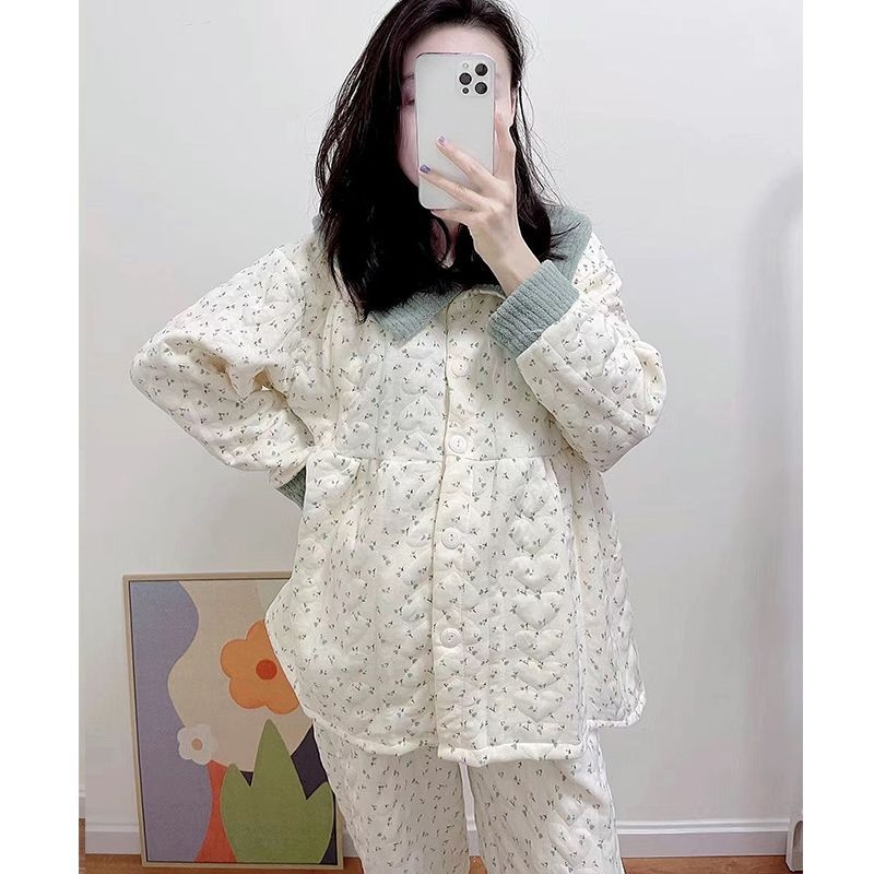 Jesensko-zimski set za trudnice i dojenje, mali cvjetni uzorak, prozračni pamuk materijal, dugi rukavi, polo ovratnik, za dojenje