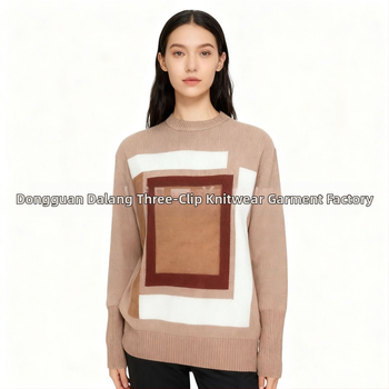 Pletený sveter z kašmíru s jacquardovým geometrickým vzorom, kulatý výstrih, voľný strih, dlhé rukávy