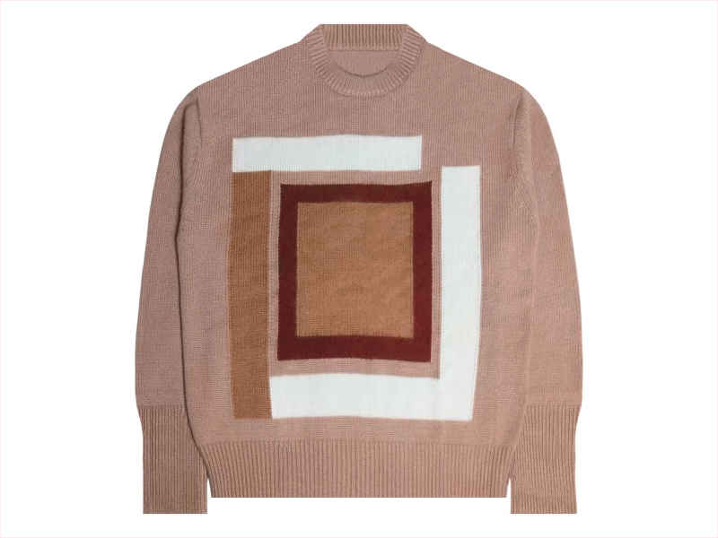 Pletený sveter z kašmíru s jacquardovým geometrickým vzorom, kulatý výstrih, voľný strih, dlhé rukávy