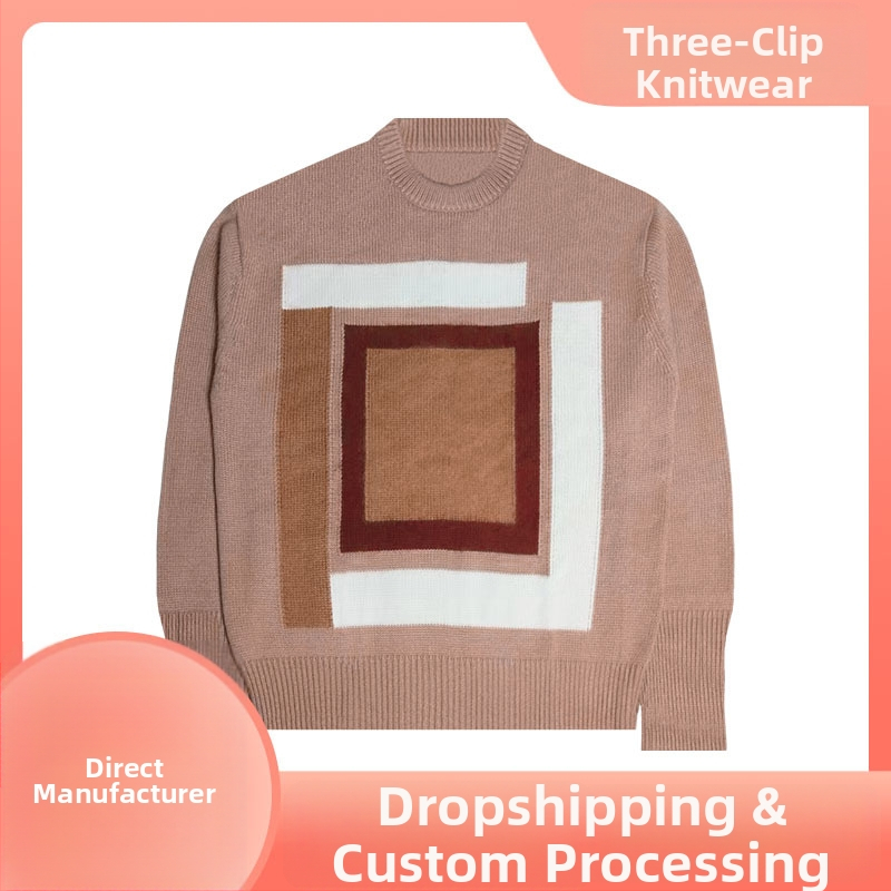 Pletený sveter z kašmíru s jacquardovým geometrickým vzorom, kulatý výstrih, voľný strih, dlhé rukávy