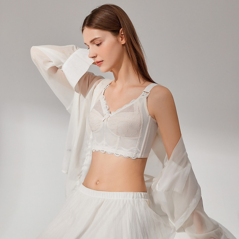 Grudnjak za dojenje s izšivanjem, ultra-tanke oblikovane košarice, bez žice, fiksne dvostruke naramenice, pamukova podstava