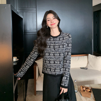 Dámsky kardigán z kašmíru a vlneného zmesi, jednofarebný pletený vzor, okrúhly výstrih, dlhé rukávy, elegantný mestský štýl.