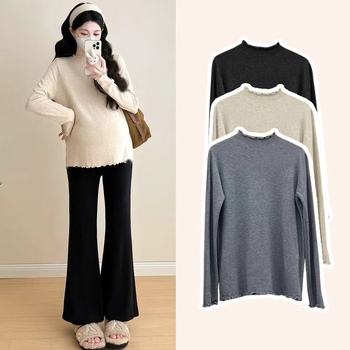 Trudnički bazni top s volanim ovratnikom, pamukasta smjesa (30–50% pamuka), dugi rukavi, ravni kroj, korejski stil, jesen-zimski top