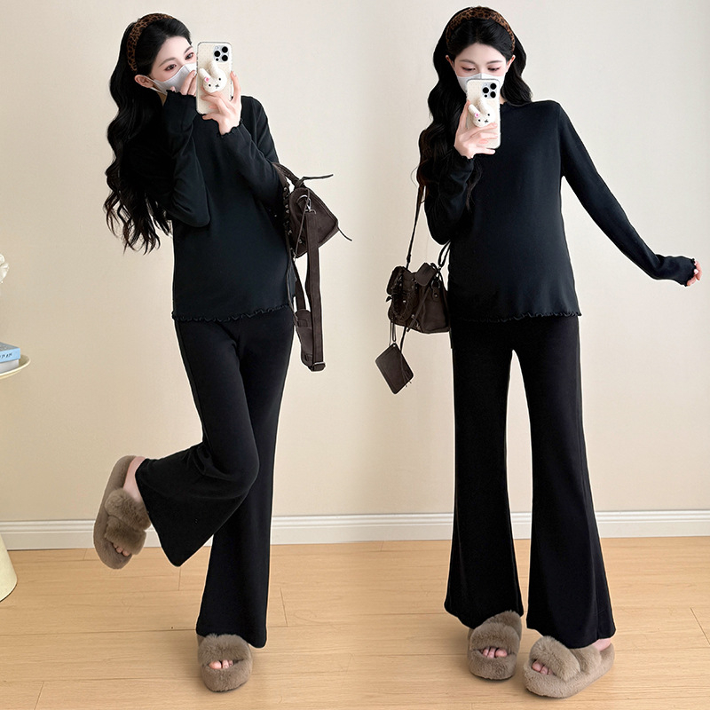 Trudnički bazni top s volanim ovratnikom, pamukasta smjesa (30–50% pamuka), dugi rukavi, ravni kroj, korejski stil, jesen-zimski top