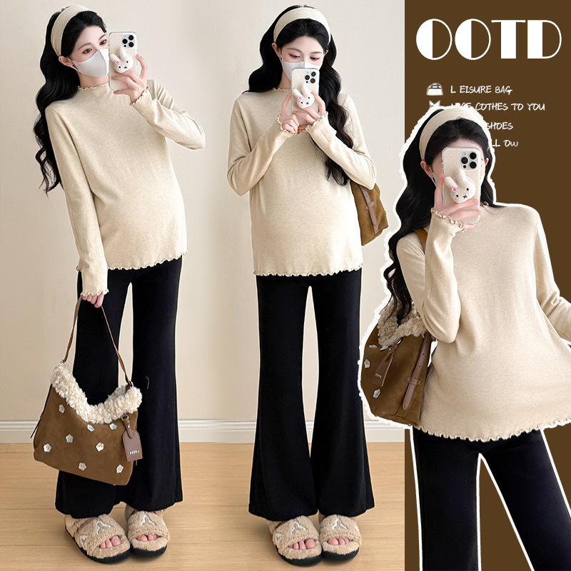 Trudnički bazni top s volanim ovratnikom, pamukasta smjesa (30–50% pamuka), dugi rukavi, ravni kroj, korejski stil, jesen-zimski top